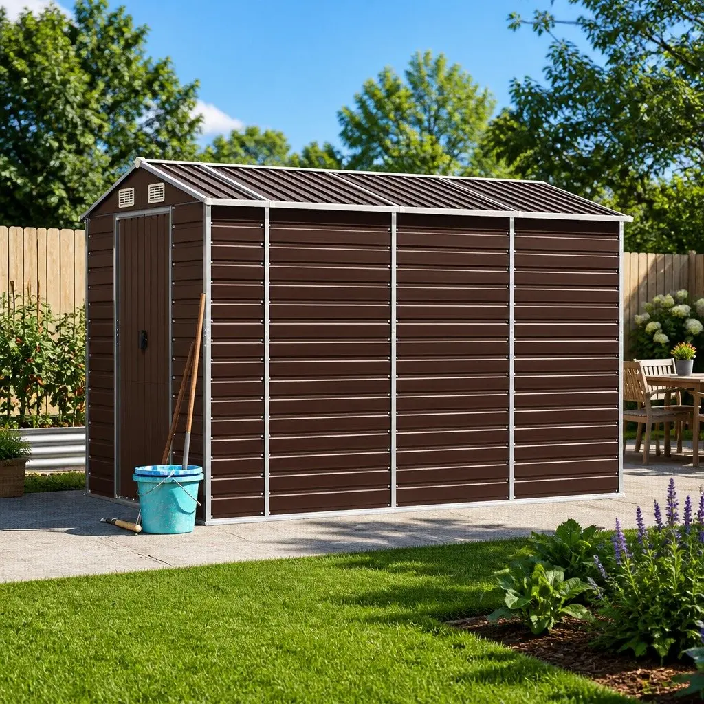 Garden Shed 191x300x198cm Galvanised Steel Outdoor Storage Tool House Brown