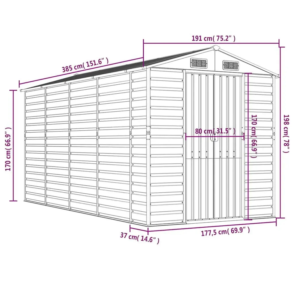 Garden Shed Metal Outdoor Storage Brown Galvanised Steel Durable Tool House 191x385x198cm