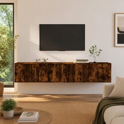 Wall-Mounted TV Cabinet 2 pc Brown Storage Organiser Media Unit Compartment