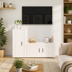 2 Piece TV Cabinet Set White High Gloss Wall-Mounted Storage Unit Engineered