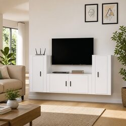 TV Cabinet Set Wall-Mounted White Engineered Wood Storage Unit 3 Piece