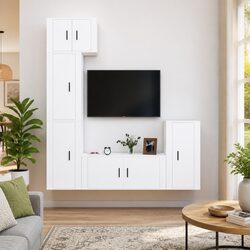 TV Cabinet Set 5 Piece White Wall-Mounted Storage Engineered Wood Furniture Unit