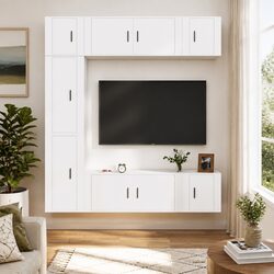 TV Cabinet Set 7 Piece White Wall-Mounted Storage Engineered Wood Unit