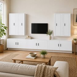 7 Piece Wall-Mounted TV Cabinet Set White Engineered Wood Media Storage Unit