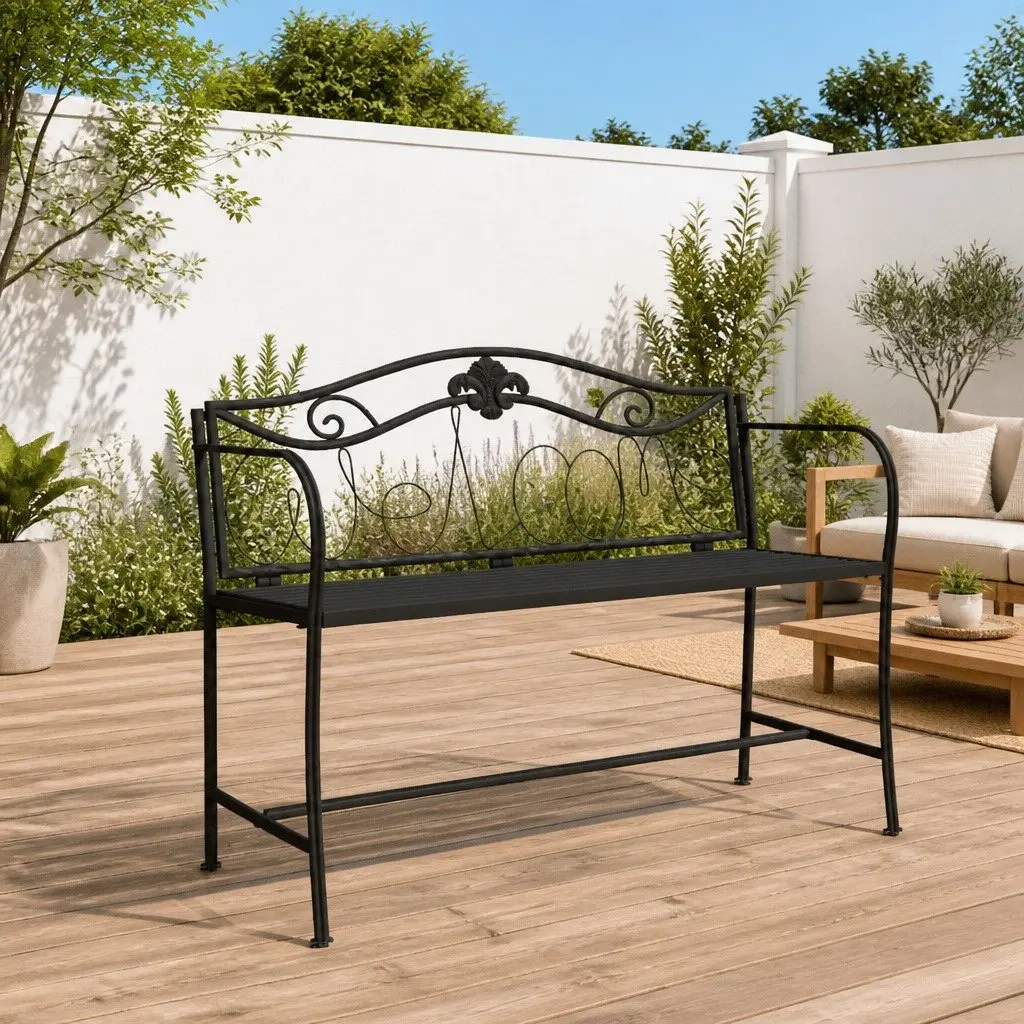 Metal Garden Bench 104cm Black Contoured Backrest Weather-Resistant Outdoor Seating