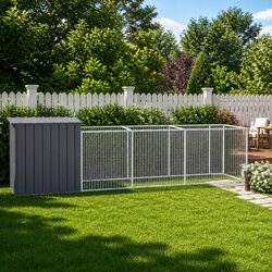 Dog House with Run Anthracite Galvanised Steel Outdoor Pet Kennel Enclosure