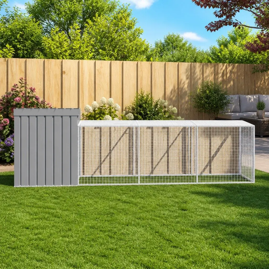 Chicken Cage with Run Light Grey Galvanised Steel Small Animal Habitat Coop