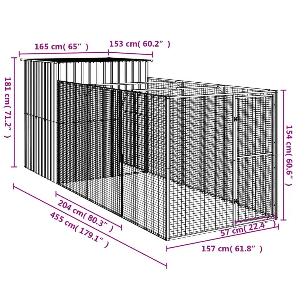 Dog House with Run 165x455x181cm Galvanised Steel Outdoor Pet Kennel
