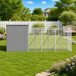 Light Grey Dog House with Run for Outdoor Play