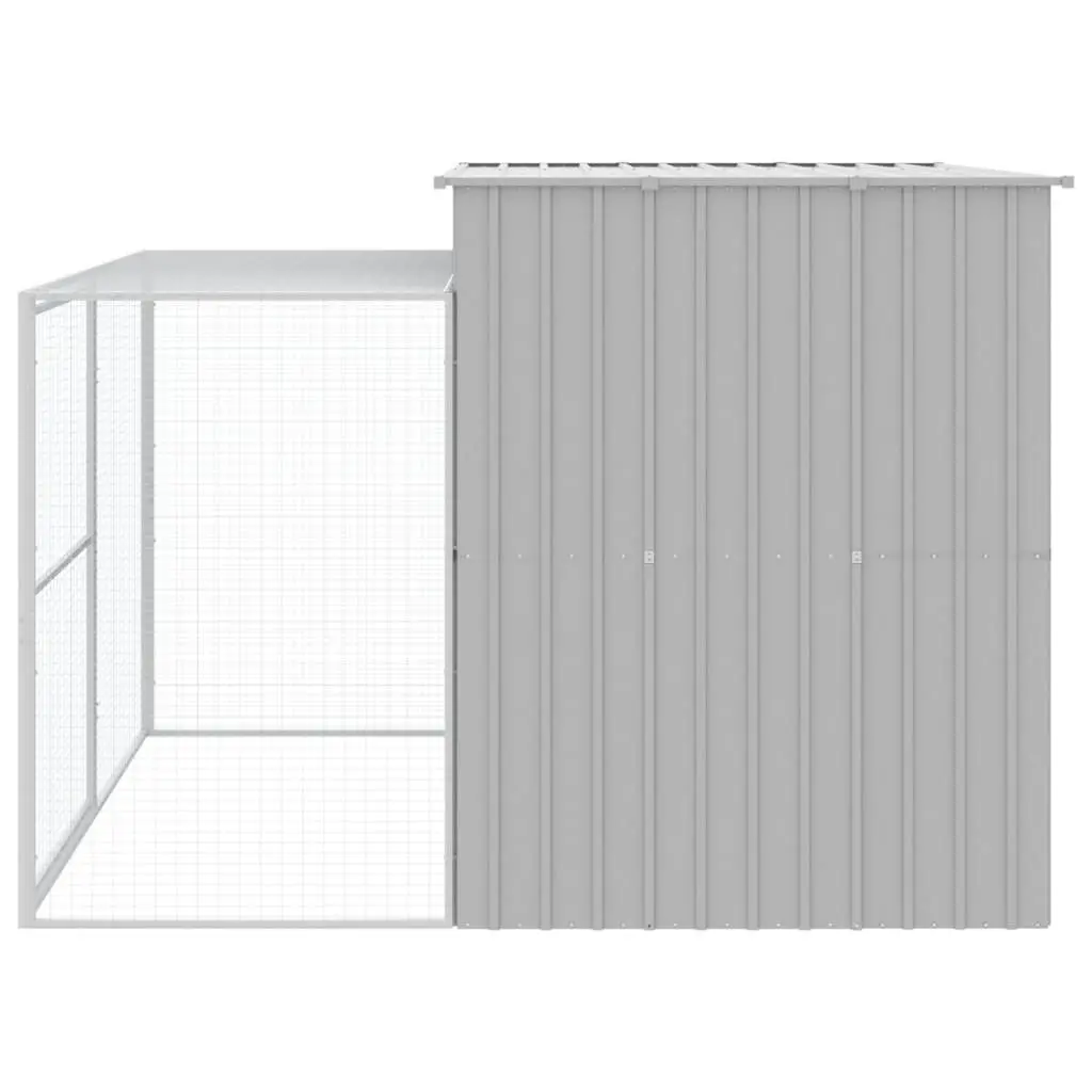 Dog House with Run Light Grey Galvanised Steel Outdoor Pet Kennel Enclosure