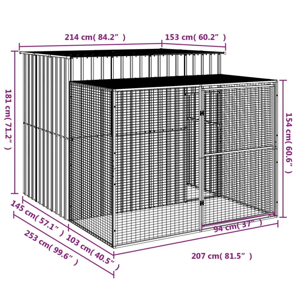 Dog House with Run Light Grey Galvanised Steel Outdoor Pet Kennel Enclosure
