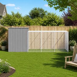 Dog House with Run Grey Outdoor Pet Kennel Galvanised Steel Mesh Enclosure