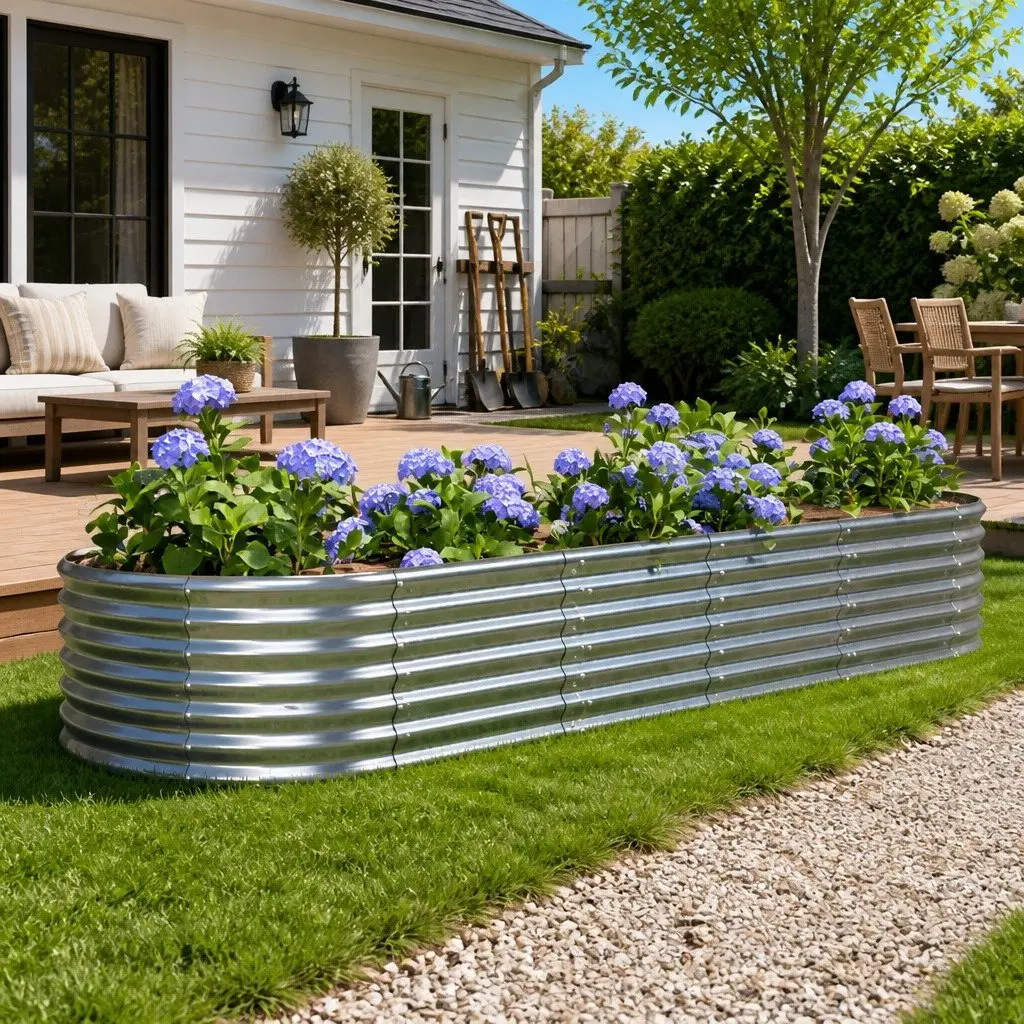 Garden Raised Bed Planter Silver Galvanised Steel Sturdy Frame Weather Resistant Outdoor Flower Vegetable Box