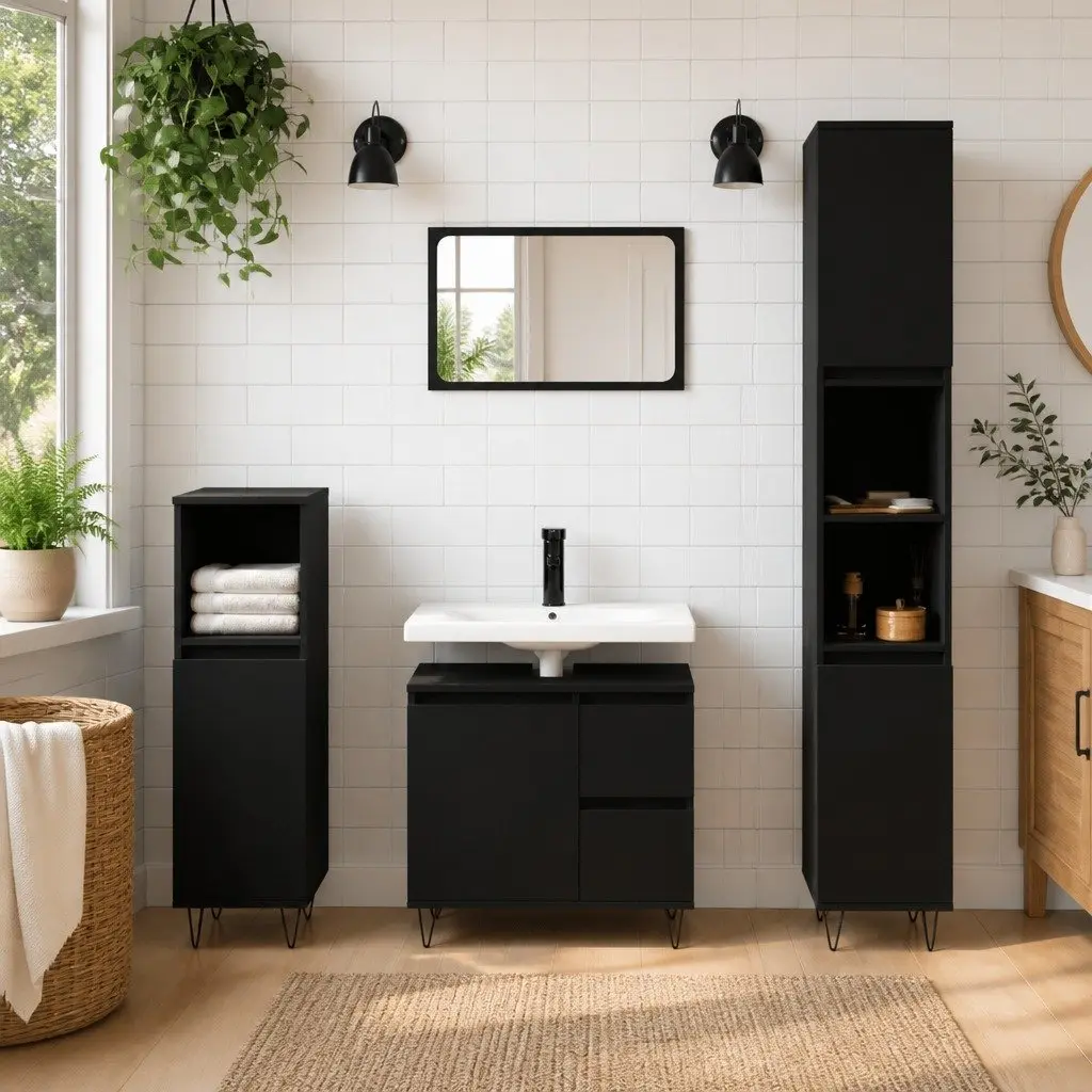 3 Piece Black Engineered Wood Bathroom Cabinet Set with Storage and Iron Feet