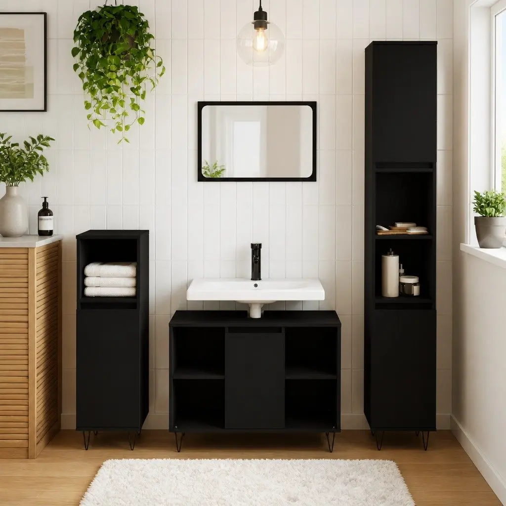3 Piece Black Engineered Wood Bathroom Set with Sink Storage and Iron Feet