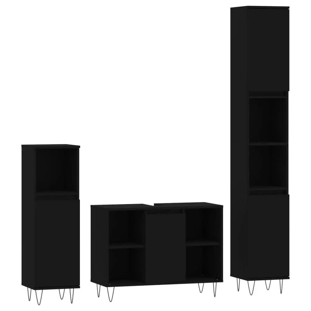 3 Piece Black Engineered Wood Bathroom Set with Sink Storage and Iron Feet