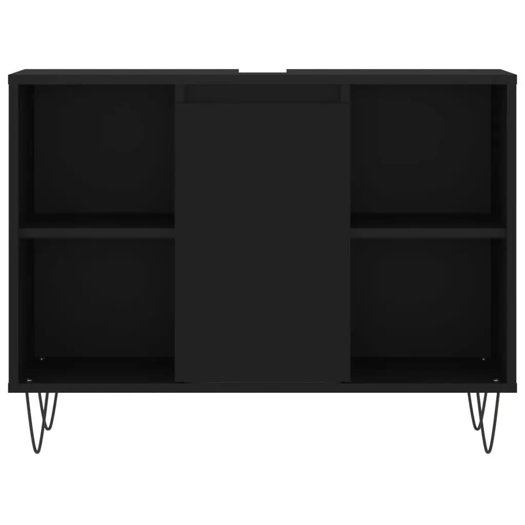 3 Piece Black Engineered Wood Bathroom Set with Sink Storage and Iron Feet