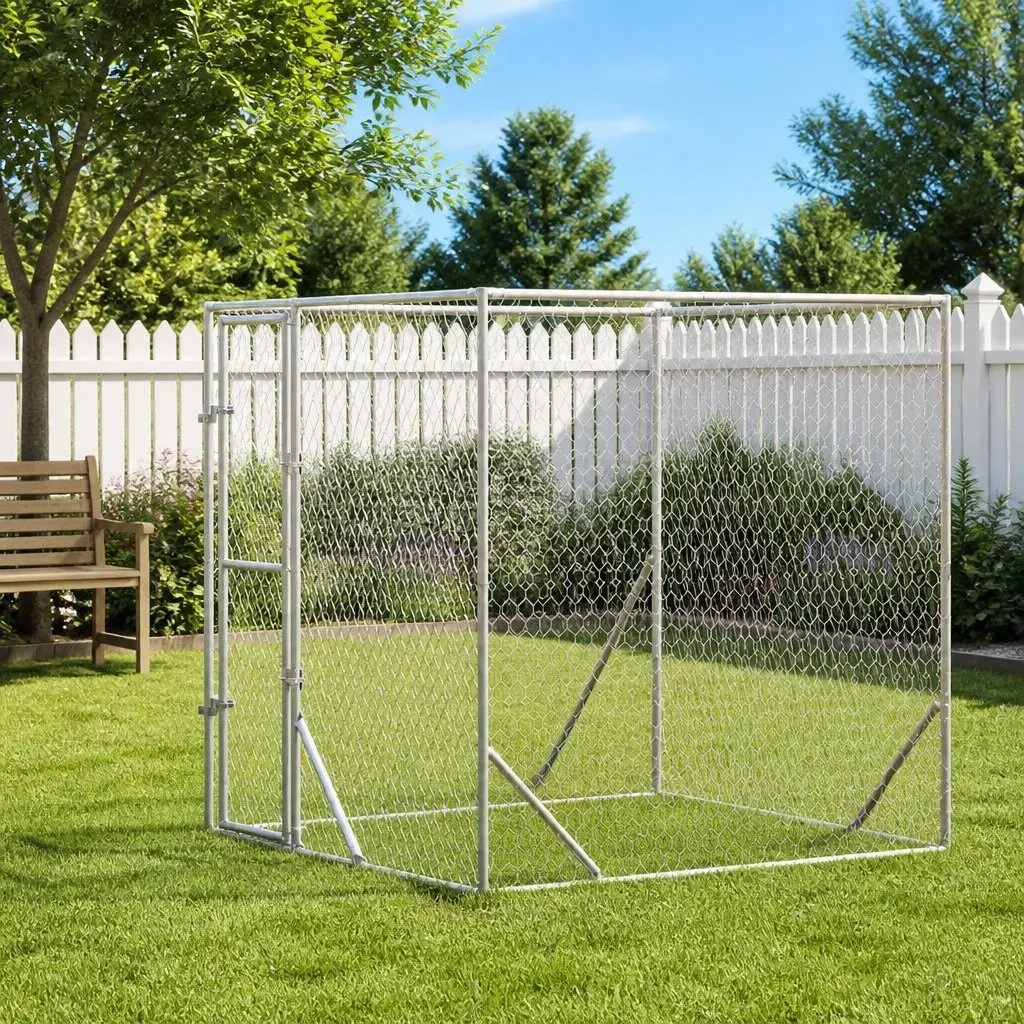 Outdoor Dog Kennel Run Enclosure 2 x 10 m Silver Galvanised Steel Spacious Pet Cage