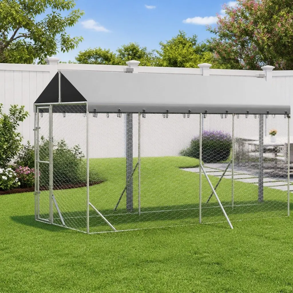 Outdoor Dog Kennel Large Galvanised Steel with Roof Pet Run Enclosure