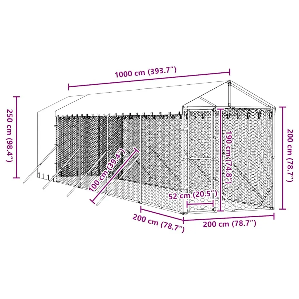 Outdoor Dog Kennel 2x10x2.5m Galvanised Steel Enclosure with Roof