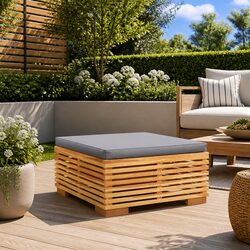 Outdoor Footrest Ottoman with Grey Cushion and Teak Wood