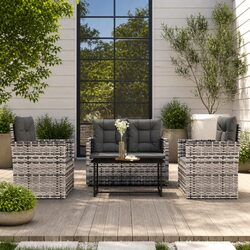 Outdoor Lounge Set 4 Piece Grey Poly Rattan Garden Furniture with Cushions