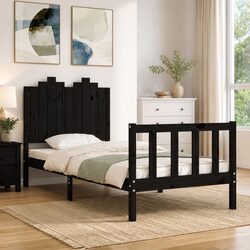 Solid Wood Pine Bed Frame Black 90x190 cm Wooden Single Sleeper Bedroom