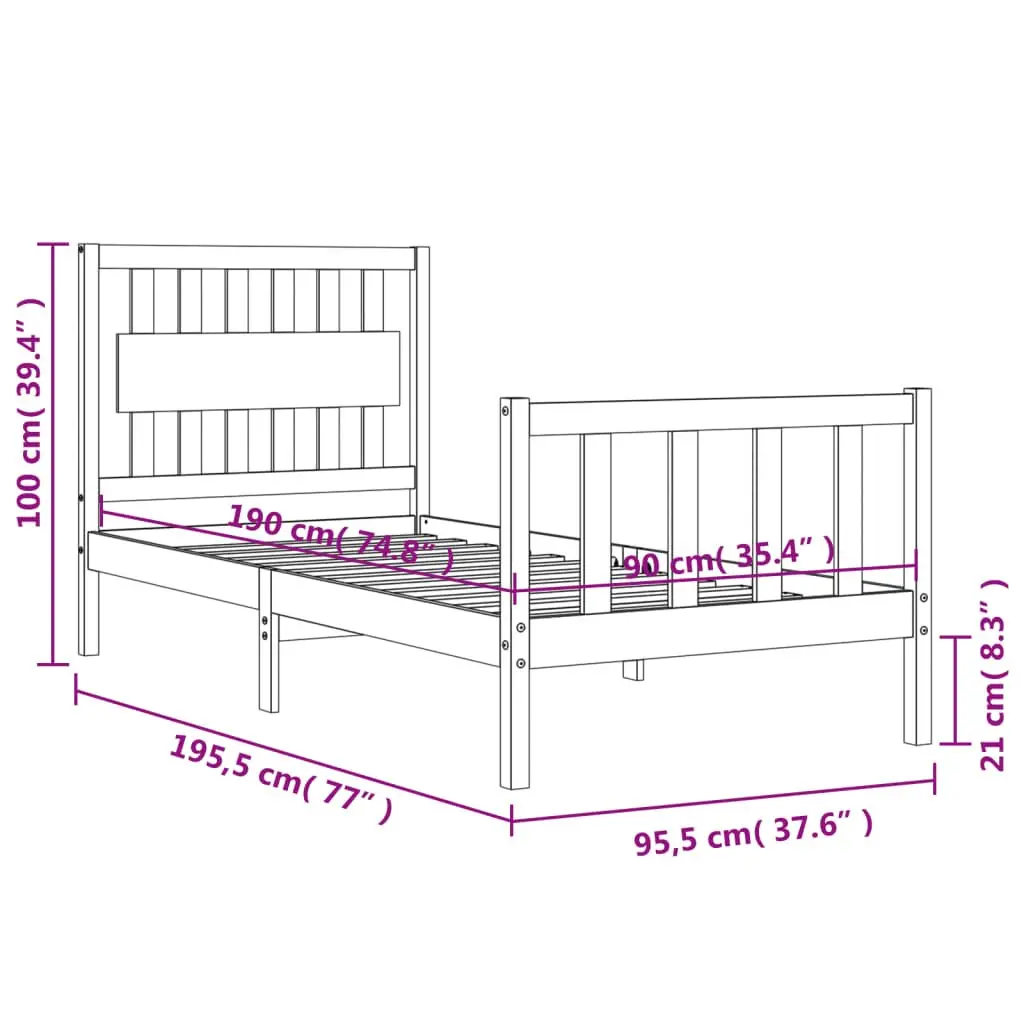 Bed Frame 90x190 cm Solid Pine Wood Black Bedroom Furniture Plywood Slats