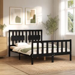 Solid Wood Pine Bed Frame 135x190 cm Black Wooden Bed with Headboard Footboard