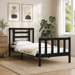Bed Frame 90x190 cm Solid Wood Pine Black Bedroom Furniture Slats Headboard