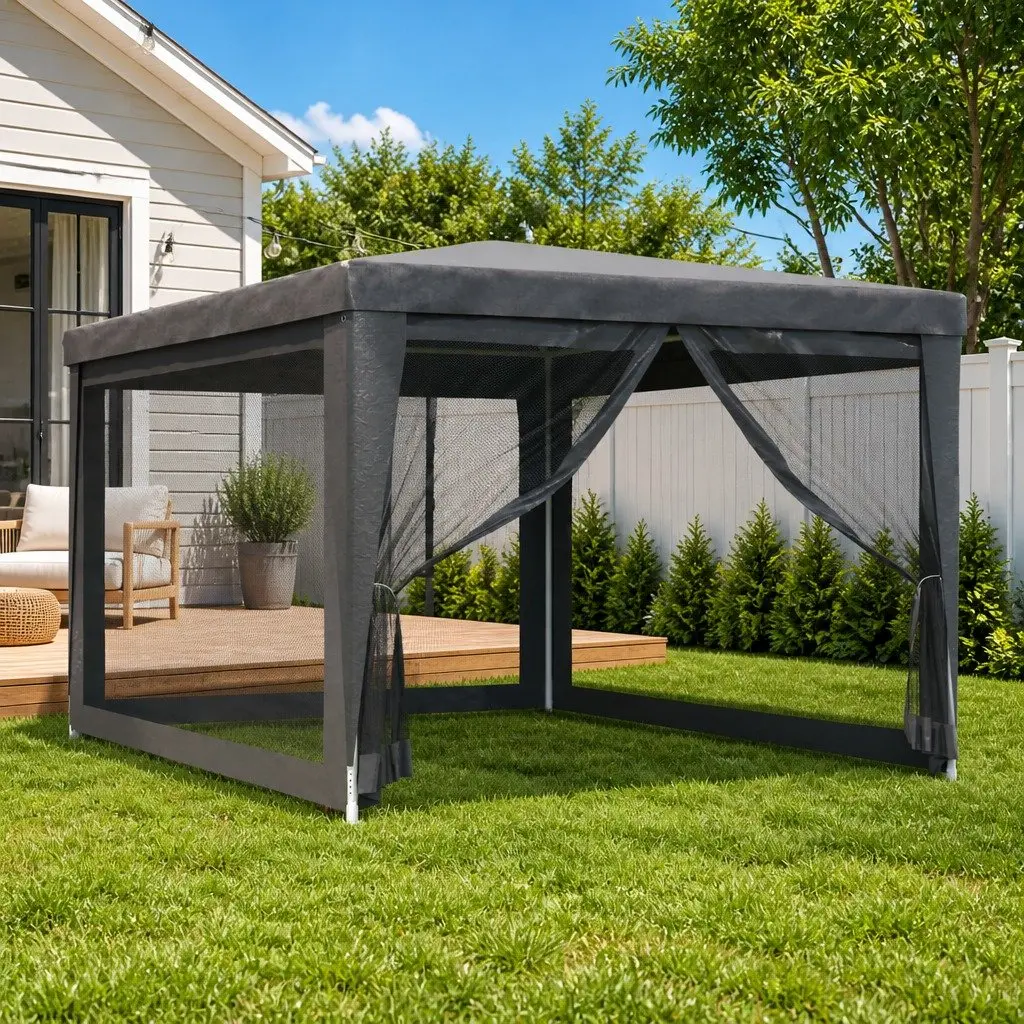 Party Tent Gazebo 3x4m Outdoor Canopy Mesh Sidewalls Heavy-Duty Iron Frame Water-Resistant Roof