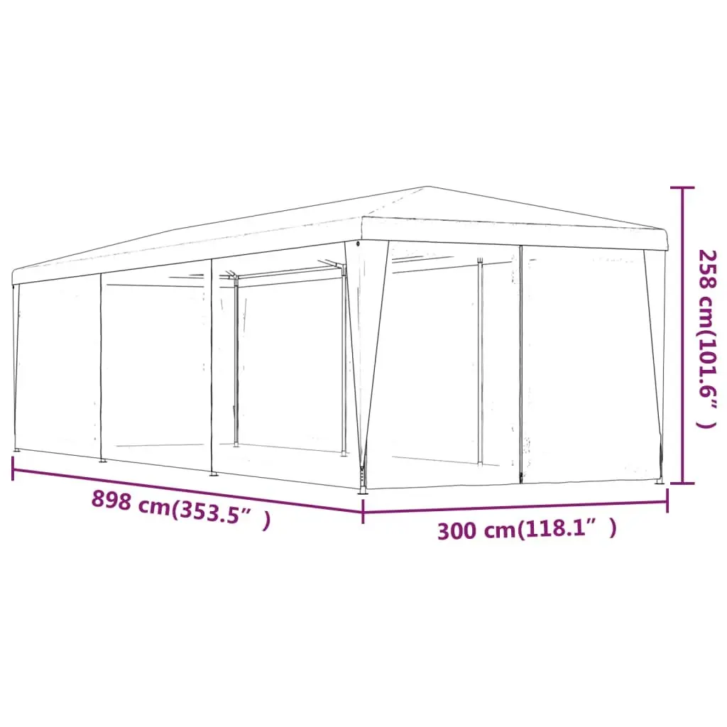 Party Tent 3x9m Outdoor Pavilion Gazebo Heavy-Duty Iron Frame Water-Resistant HDPE Roof Eight Mesh Sidewalls