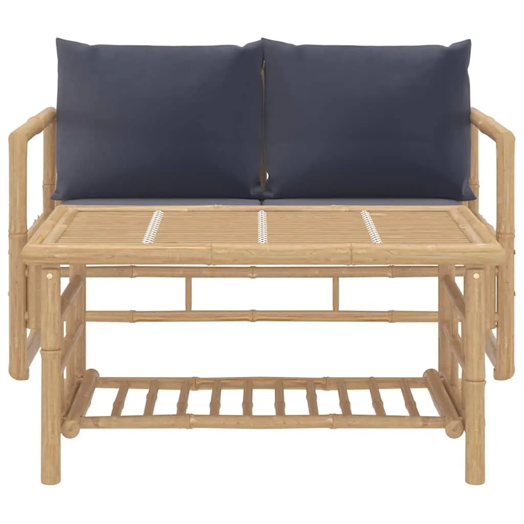 2 Piece Bamboo Garden Lounge Set with Grey Cushions Slatted Seating and Side Table