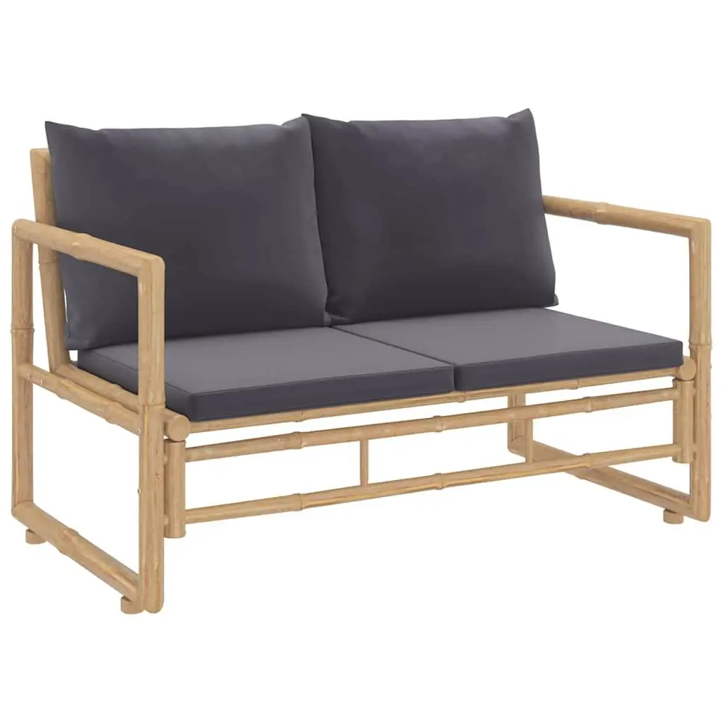 2 Piece Bamboo Garden Lounge Set with Grey Cushions Slatted Seating and Side Table
