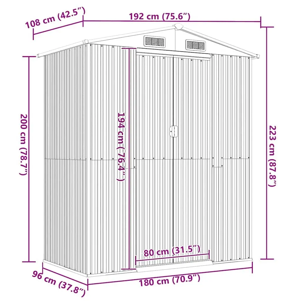 Galvanised Steel Garden Shed Green 192x108x223cm Outdoor Storage Tool House with Sliding Gate and Ventilation