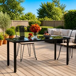 Garden Dining Table 160x80x74cm Black Outdoor Furniture Steel Frame Tempered