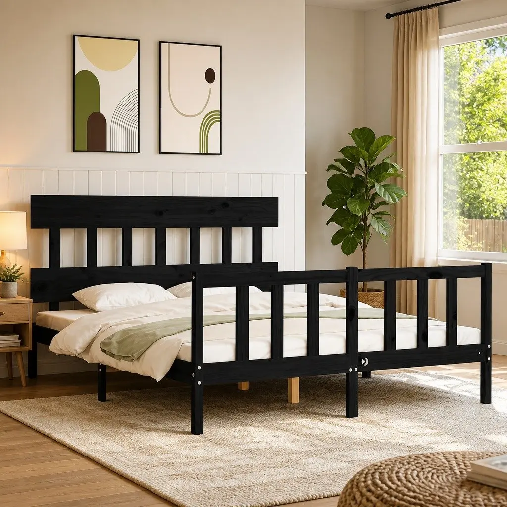 Bed Frame 150x200 cm Solid Pine Wood Black Headboard Footboard