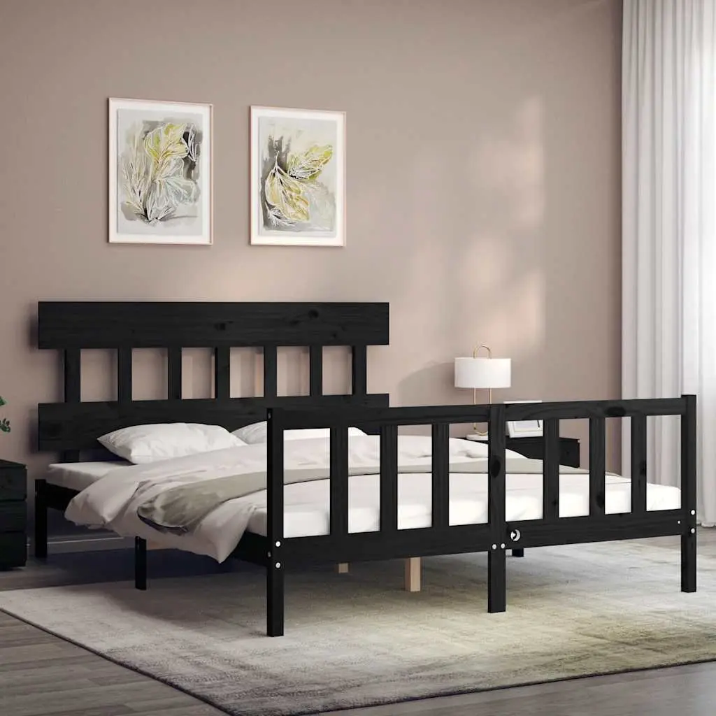 Bed Frame 150x200 cm Solid Pine Wood Black Headboard Footboard
