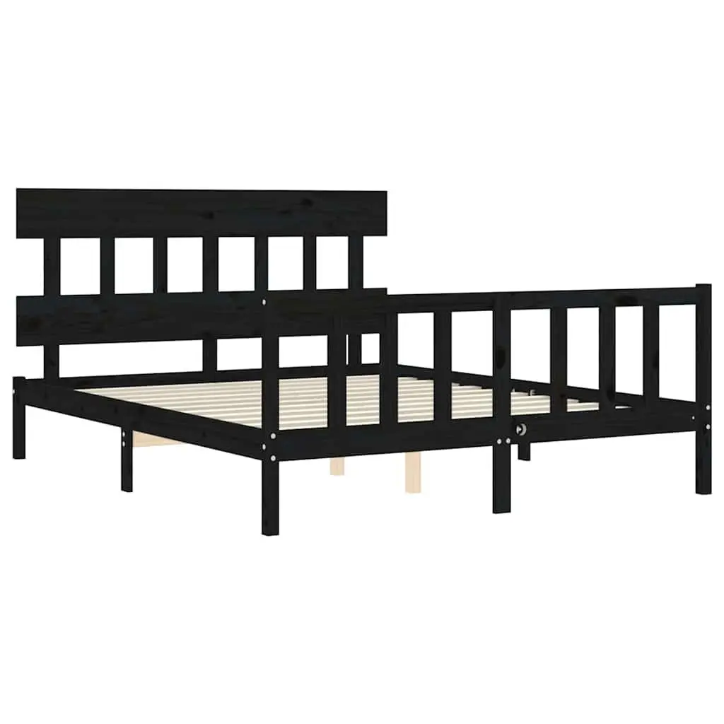 Bed Frame 150x200 cm Solid Pine Wood Black Headboard Footboard