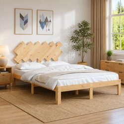 Solid Wood Bed Frame 135x190 cm Pine Wooden Bedroom Furniture with Headboard