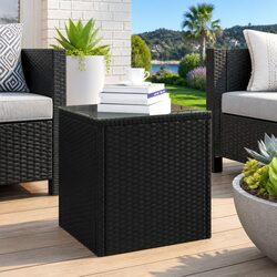 End Table Black 40x37x40.5cm Poly Rattan Tempered Glass Top Side Coffee Table
