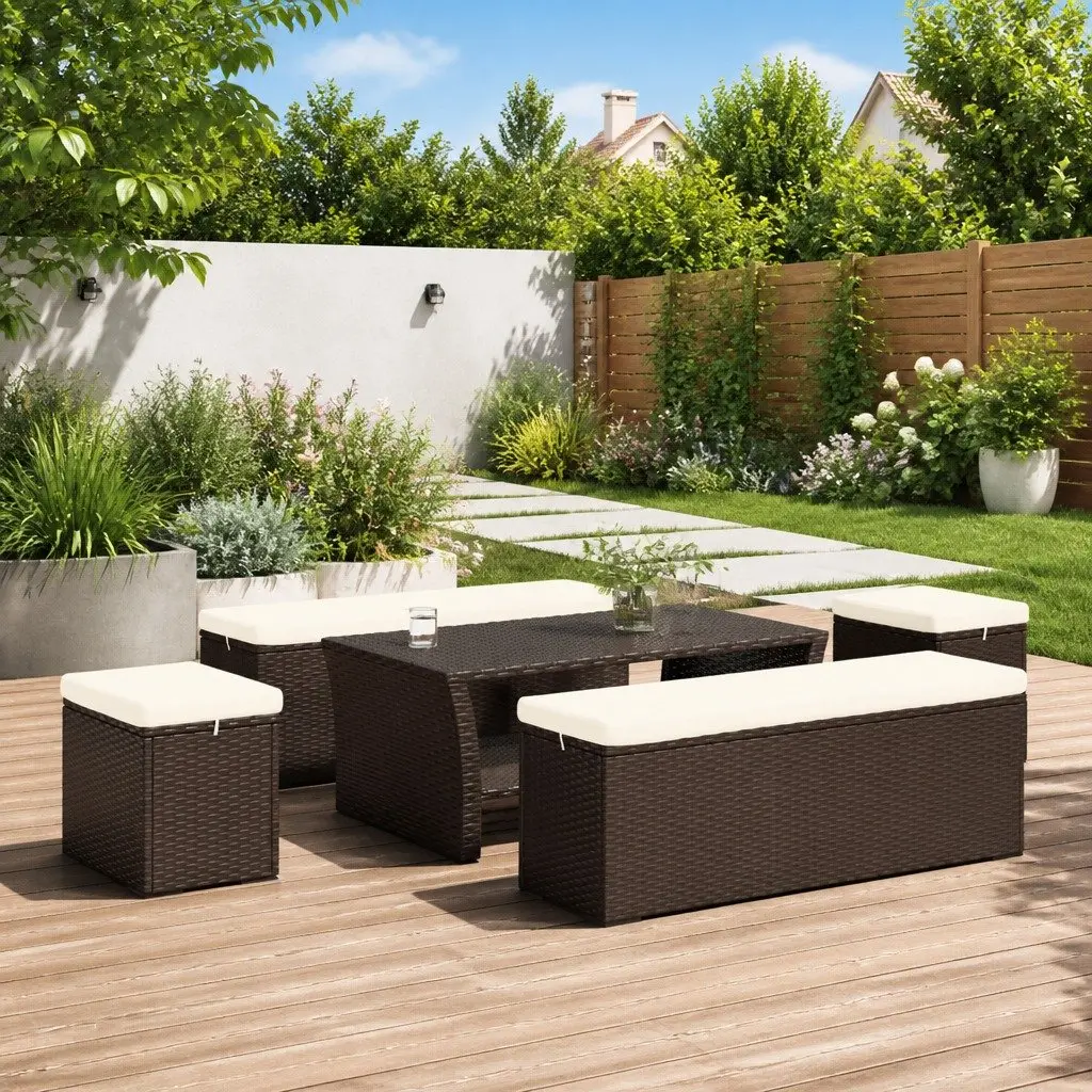 Outdoor Ottomans 2 pcs Brown Poly Rattan Weather Resistant Cushions