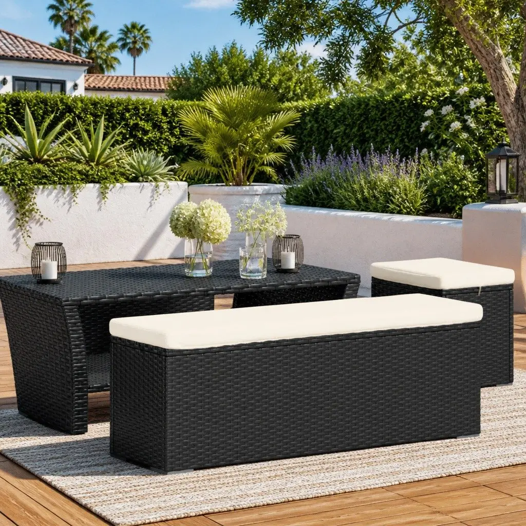Outdoor Ottoman Bench 110cm Black PE Rattan Removable Cushion