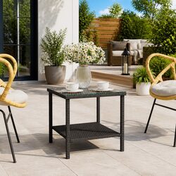 End Table Side Table Black 45x45x45cm Poly Rattan Tempered Glass Storage