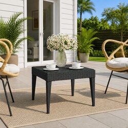 Side Table Black 50x50x38 cm Poly Rattan Tempered Glass Indoor Outdoor Accent