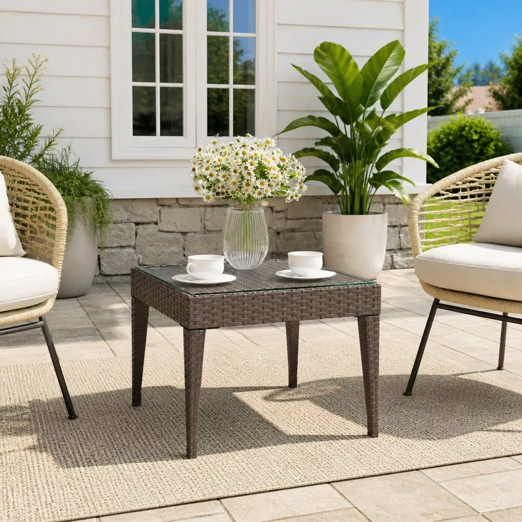 Side Table 50x50x38cm Poly Rattan Tempered Glass Indoor Outdoor