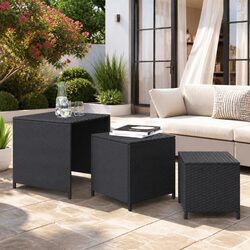 Nesting Tables 3 Pieces Black Poly Rattan End Side Coffee Tables Storage