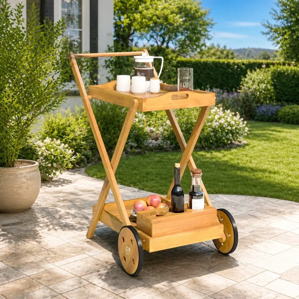 Tea Trolley 54x87x90cm 2-Tier Solid Acacia Wood Kitchen Dining Cart with Wheels