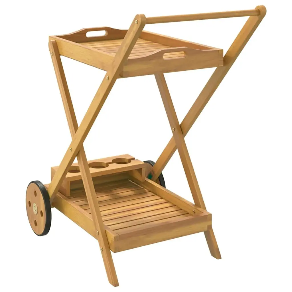 Tea Trolley 54x87x90cm 2-Tier Solid Acacia Wood Kitchen Dining Cart with Wheels