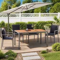 Garden Table Wooden Top Grey Poly Rattan Outdoor Patio Furniture Steel Frame